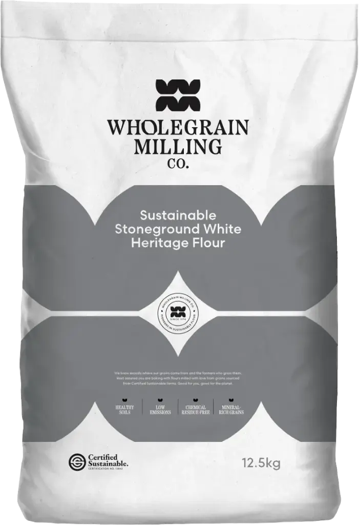 FLOUR WHITE HERITAGE STONEGROUND SUSTAINABLE WHOLEGRAIN MILLING 12.5KG BLACK & WHITE BAG 