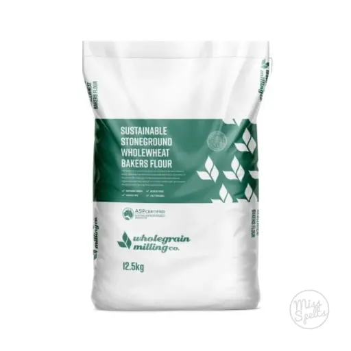 [WGWHOLEMEAL] FLOUR WHOLEWHEAT BAKERS SUSTAINABLE STONEGROUND  WHOLEGRAIN MILLING 12.5KG GREEN & WHITE BAG